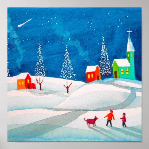 Shooting star folk naive art winter snow scene print