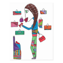 Shopping girl on postcard postcards