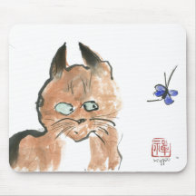 Should I?  kitty and butterfly, Sumi-e Mousepads