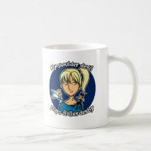 Shoulder devil plays rollerderby mugs