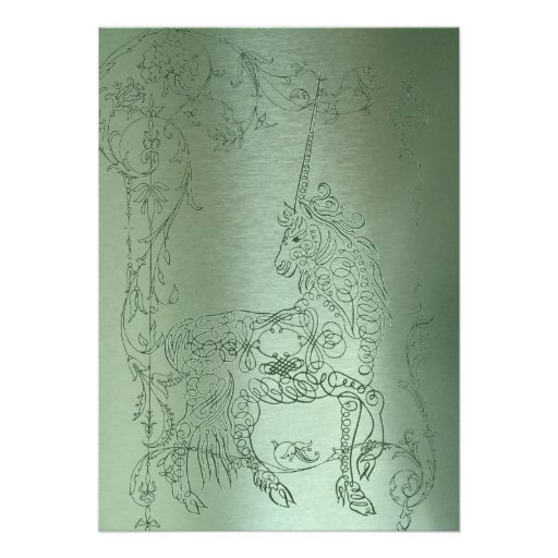 Shy Unicorn Green Metallic Wedding Invitation