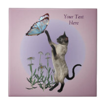 Siamese Cat Butterfly Daisies Tile