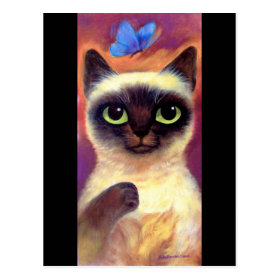 Siamese Cat Feline Butterfly Art - Multi Postcard