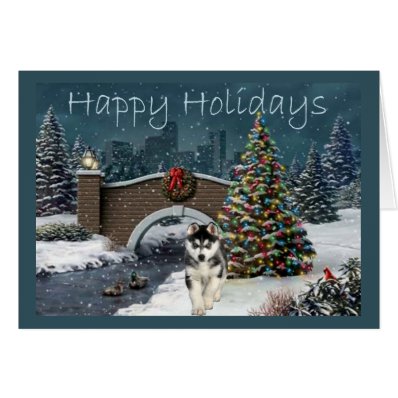 Siberian Husky Christmas Evening Greeting Card