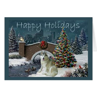 Siberian Husky Christmas Evening Greeting Cards