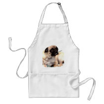 Sick pug with thermometer apron