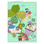 Side view of children studying by potted plant greeting cards