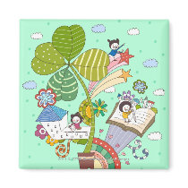 Side view of children studying by potted plant magnet