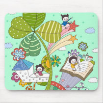 Side view of children studying by potted plant mouse pads