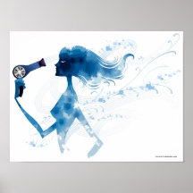 Side view of woman blow drying long hair posters