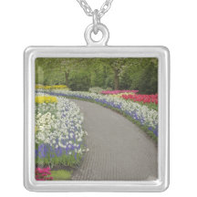 Sidewalk pathway through tulips and daffodils, 2 necklace