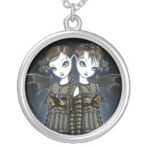 sienna, celeste, twins, dragons, gothic, gold, amber, fairy, faery, fae, faerie, faeries, fairies, fantasy, art, big, eyed, gemini, myka, jelina, mika, Necklace with custom graphic design