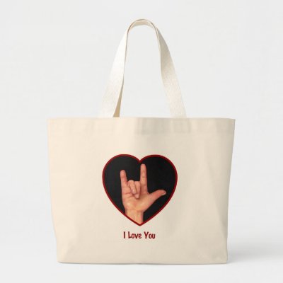 SIGN LANGUAGE I LOVE YOU HEART, HAND BAGS by joyart. (multiple products selected) Artwork: "I Love You: American Sign Language" Oil Pastel