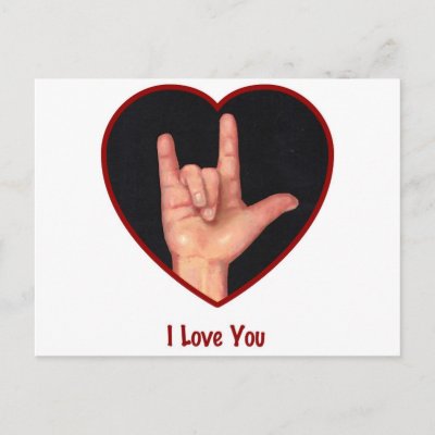 SIGN LANGUAGE I LOVE YOU HEART, HAND POST CARDS by joyart. (multiple products selected) Artwork: "I Love You: American Sign Language" Oil Pastel