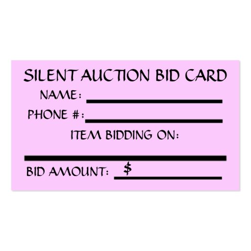 Silent Auction Bid Card Business Cards (front side)