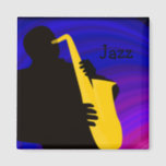 Silhouette of a jazz player, blue & purple 2 inch square magnet