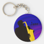 Silhouette of a jazz player, blue & purple basic round button keychain