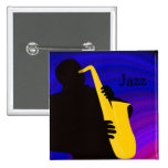 Silhouette of a jazz player, blue & purple button