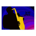 Silhouette of a jazz player, blue & purple card