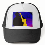 Silhouette of a jazz player, blue & purple hats