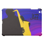 Silhouette of a jazz player, blue & purple iPad mini cases