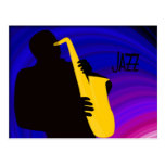 Silhouette of a jazz player, blue & purple postcard