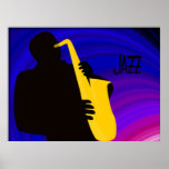 Silhouette of a jazz player, blue & purple poster