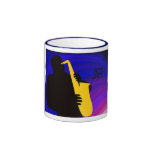 Silhouette of a jazz player, blue & purple ringer mug