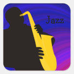 Silhouette of a jazz player, blue & purple square sticker