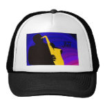 Silhouette of a jazz player, blue & purple trucker hat