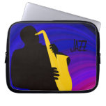 Silhouette of a jazz sax player, blue & purple computer sleeve