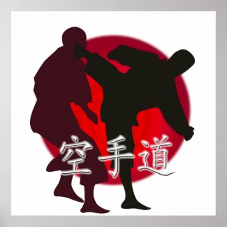 Silhouette of a Karate Fight. Red Sun Background Print