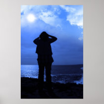 silhouette of a sad lone woman on cliff edge print
