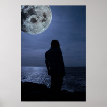 silhouette of a sad lone woman with a full moon poster