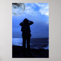 silhouette of a sad lone woman with full moon print