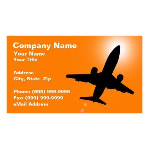 Silhouette of Airplane Against Sunset Colored Sky Business Card Template