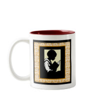 Silhouette of boy reading coffee mug