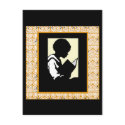 Silhouette of boy reading postcards