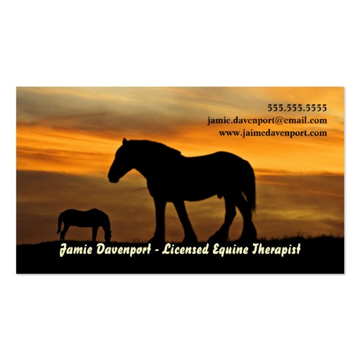 Silhouette of Horses at Sunset Equine Therapist Business Cards (back side)