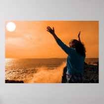 silhouette of lone woman facing a powerful  wave poster