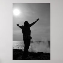 silhouette of lone woman facing a powerful wave poster