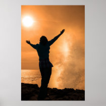 silhouette of lone woman facing a powerful wave posters