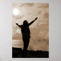 silhouette of lone woman facing a powerful wave poster