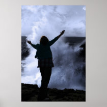 silhouette of lone woman facing  powerful waves print