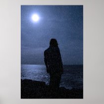 silhouette of lone woman on cliff edge during rain poster