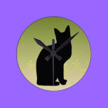 Silhouetted Cat On Light Green Design Wall Clock wall clocks