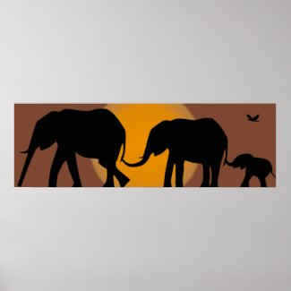 Silhouettes of Elephant Family in the African Sun Print