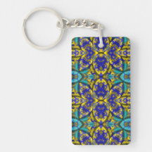 Silken Hanky of Blue Teal and Yellow Rectangular Acrylic Key Chain