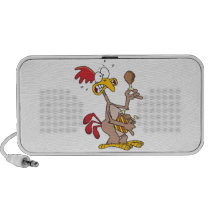 silly chicken holding bucket of chicken drumsticks travelling speakers