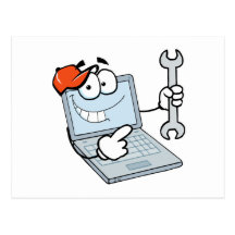 silly computer repair cartoon laptop with wrench postcard